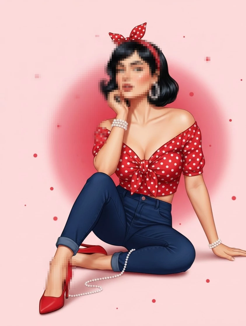Elegant retro woman in red polka dot outfit sitting stylishly on pink background