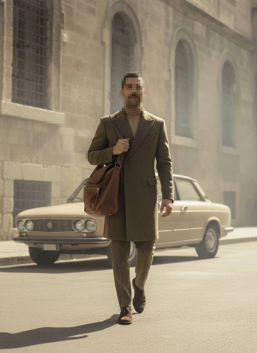Elegant Street Style of a Man in an Olive Coat Walking with a Leather Bag