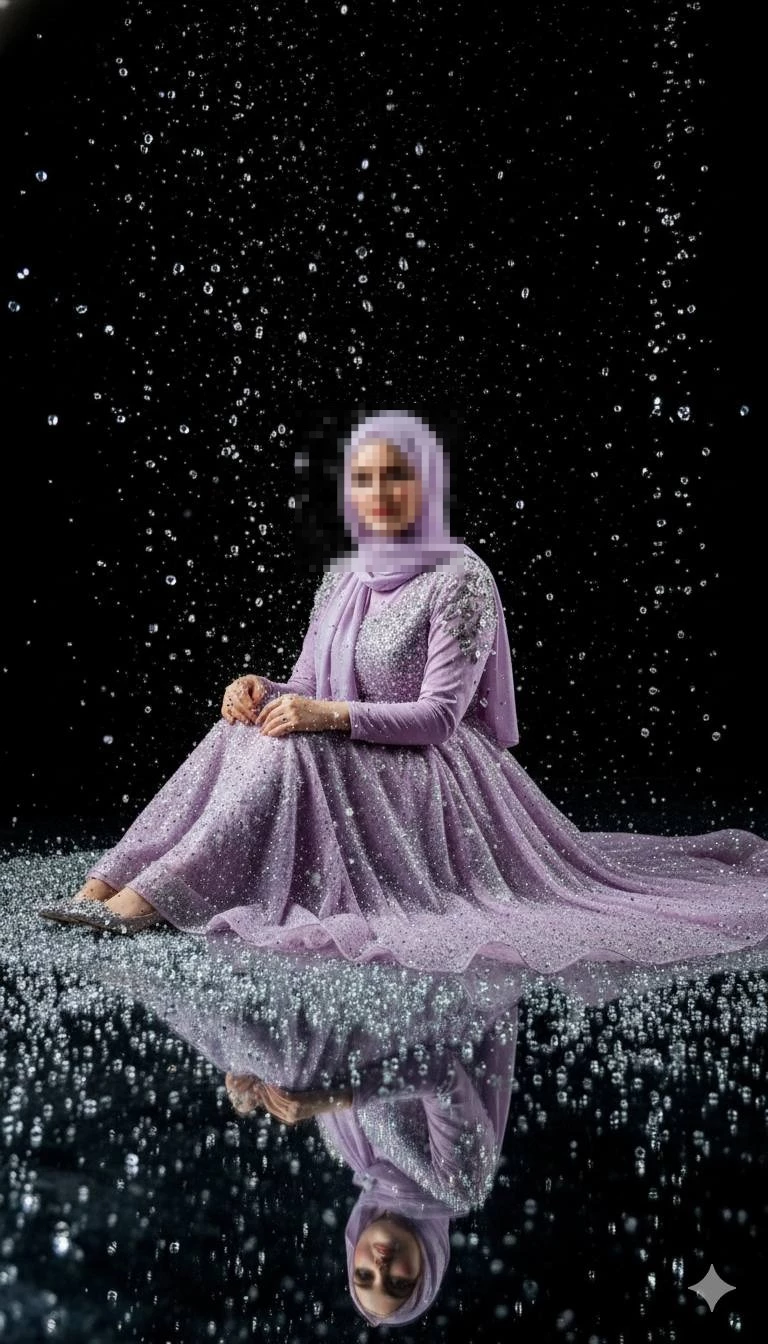 Elegant studio portrait of a woman in a sparkling lavender gown with water droplets