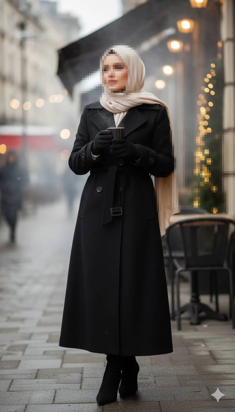Elegant Winter Street Style of a Woman in a Black Coat Holding a Warm Drink
