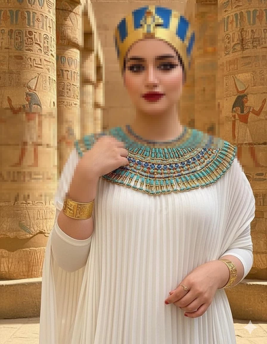 Elegant woman dressed as ancient Egyptian queen in temple with hieroglyph walls