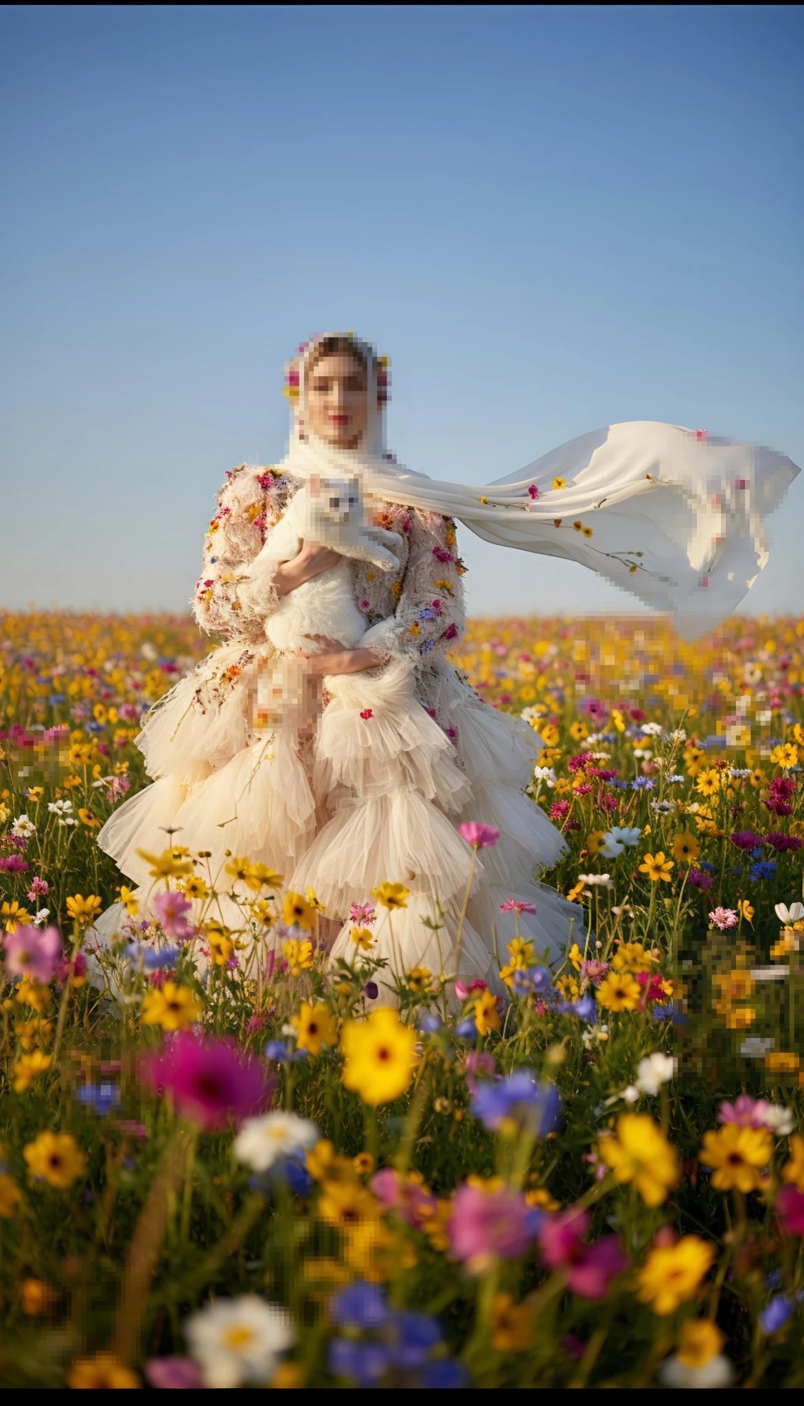 Elegant Woman Holding White Cat in Colorful Flower Field Under Blue Sky