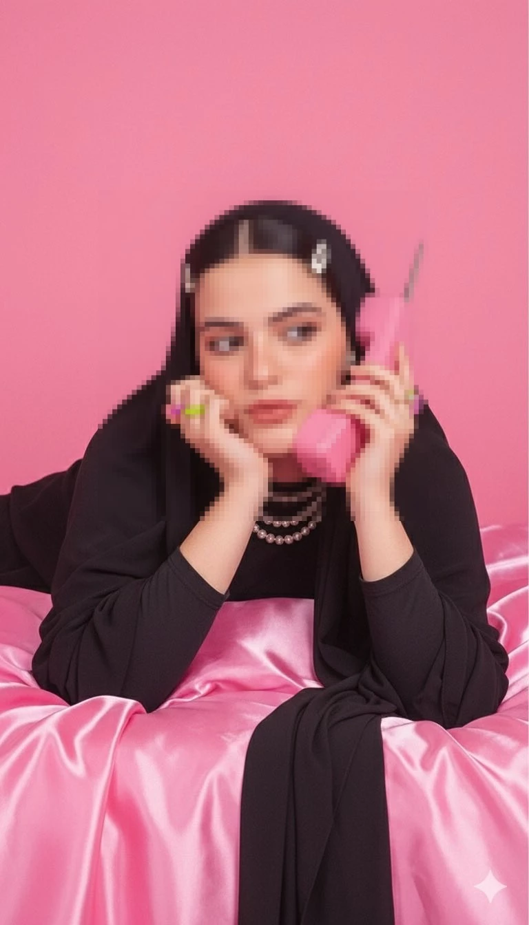 Elegant woman in abaya with pink retro phone on satin bed