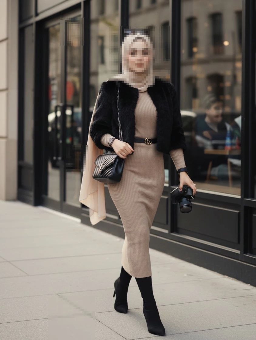 Elegant woman in beige dress and hijab walking stylishly through the city