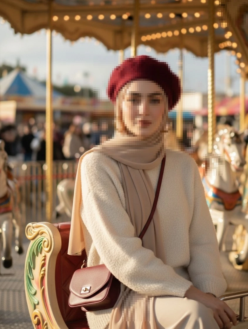 Elegant Woman in Beige Hijab and Burgundy Beret Sitting on a Carousel Ride