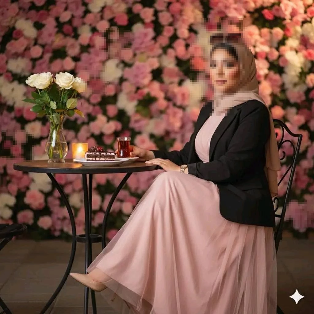 Elegant woman in beige hijab and pink dress sitting at a cafe with floral backdrop