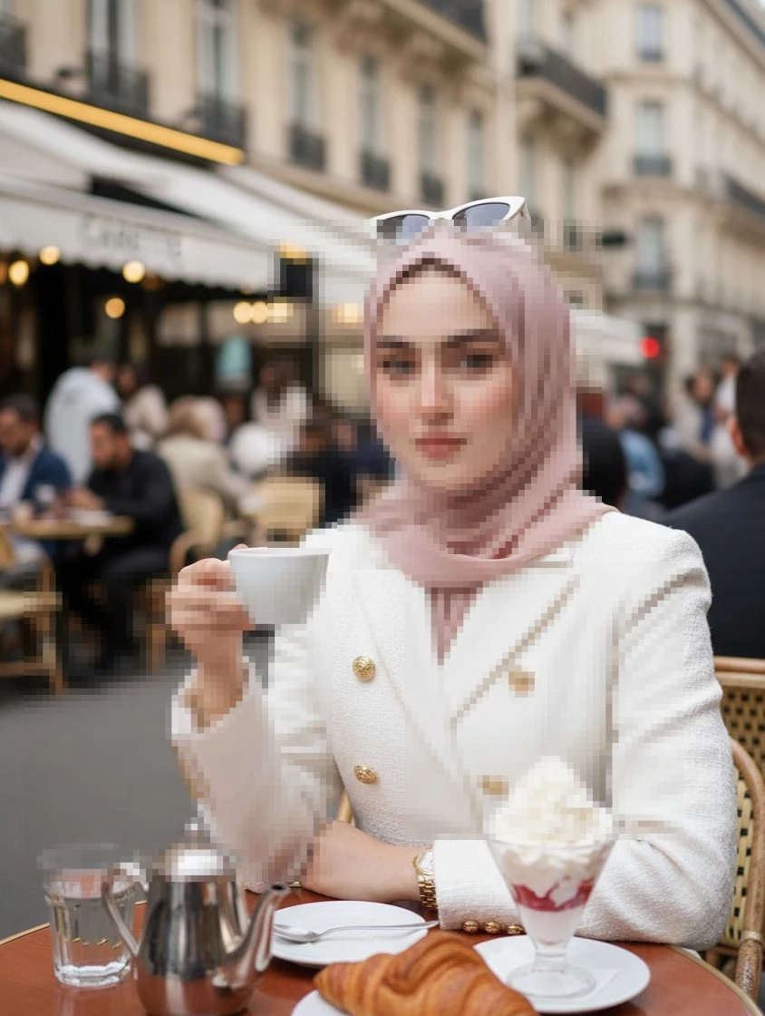 Elegant woman in beige hijab enjoying coffee at a Parisian outdoor café