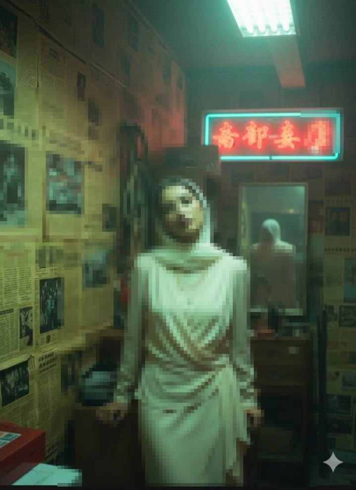 Elegant woman in beige hijab posing in vintage neon-lit retro room
