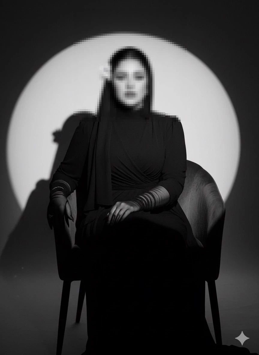 Elegant Woman in Black Abaya Sitting Under Spotlight in Classic Black and White Portrait