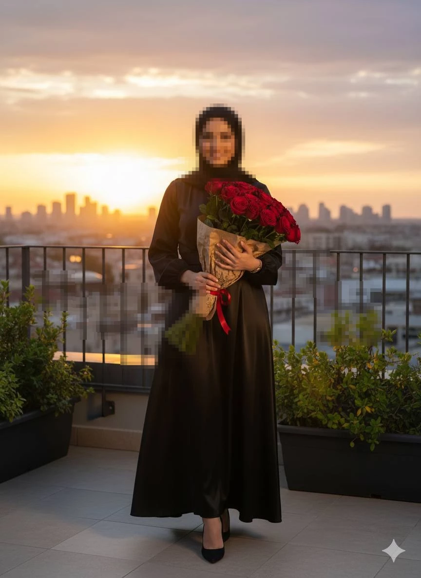 Elegant woman in black dress holding red roses bouquet at sunset rooftop