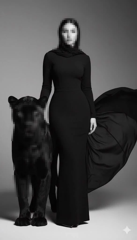 Elegant woman in black dress standing confidently beside a majestic black panther