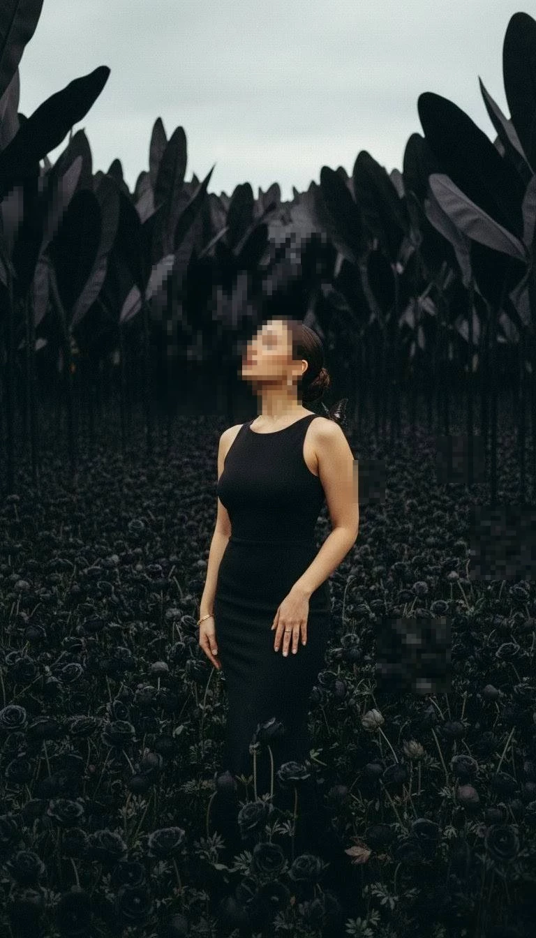 Elegant woman in black dress standing in a mysterious dark rose field