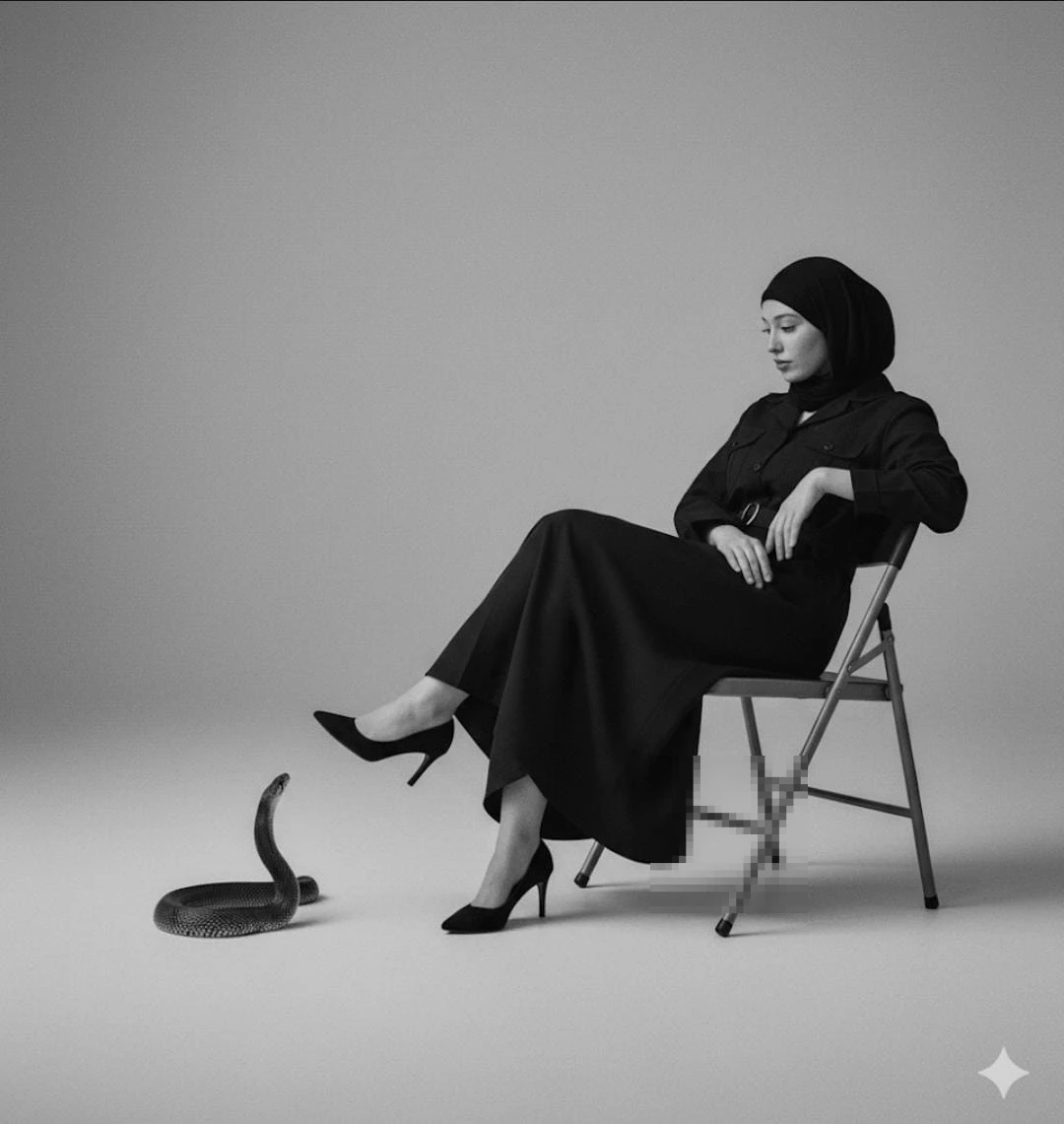 Elegant woman in black hijab sitting calmly near cobra in monochrome studio scene