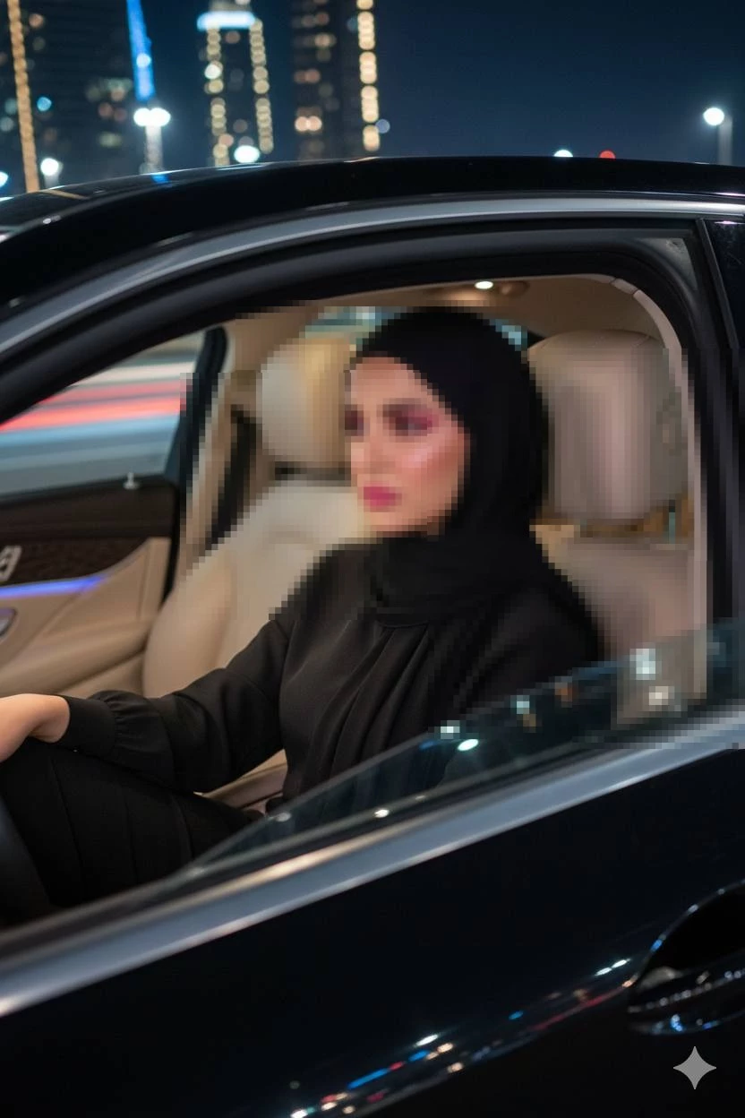 Elegant Woman in Black Hijab Sitting in Luxury Car at Night City Lights