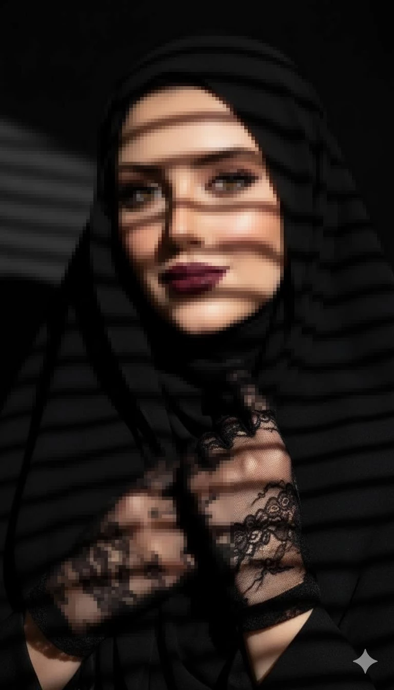 Elegant Woman in Black Hijab with Lace Gloves under Dramatic Lighting