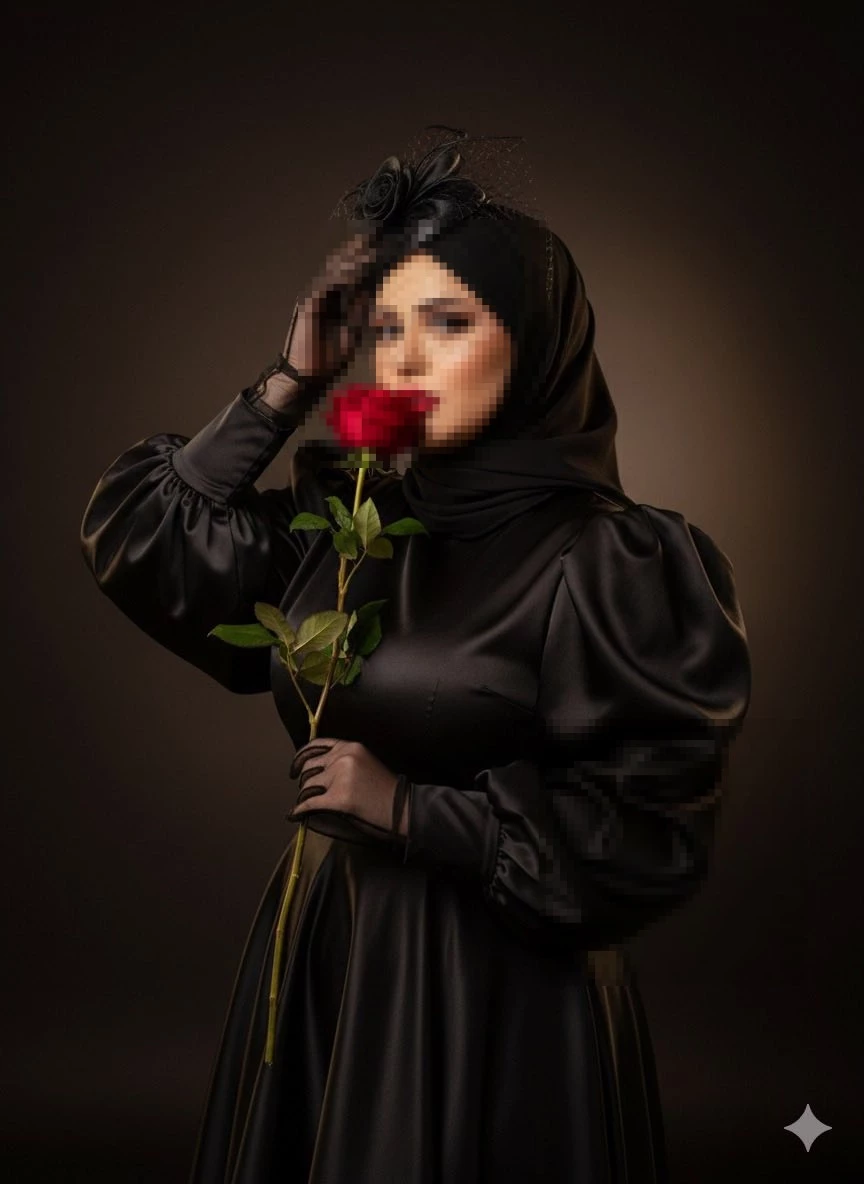 Elegant Woman in Black Satin Dress Holding Red Rose in Studio Portrait