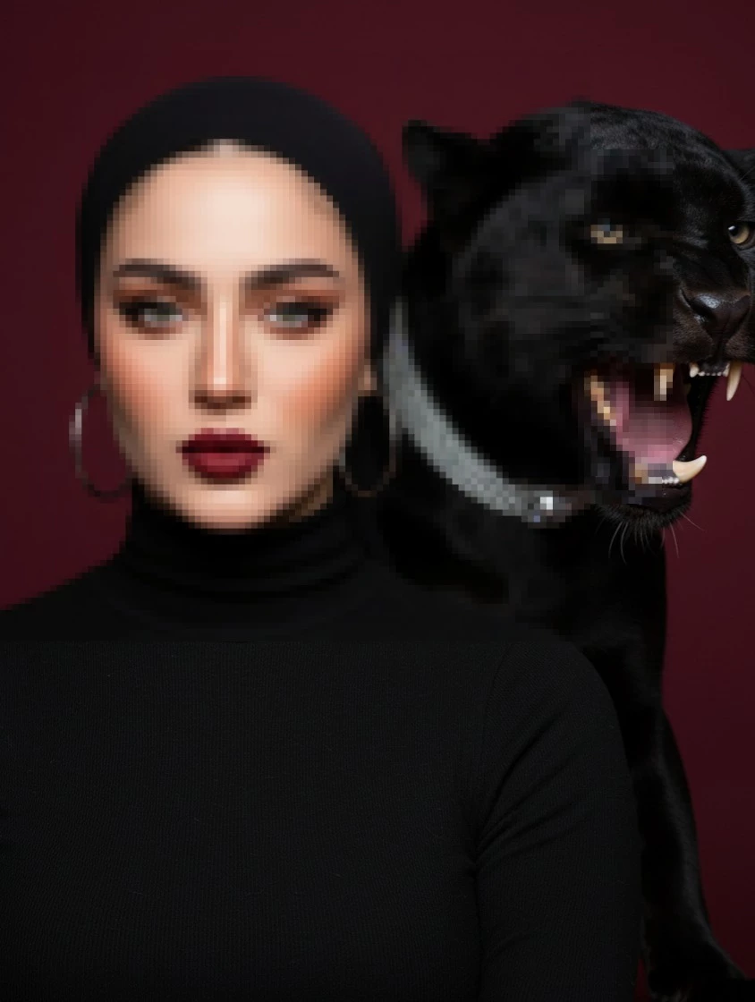 Elegant Woman in Black with Fierce Panther in Dramatic Studio Portrait
