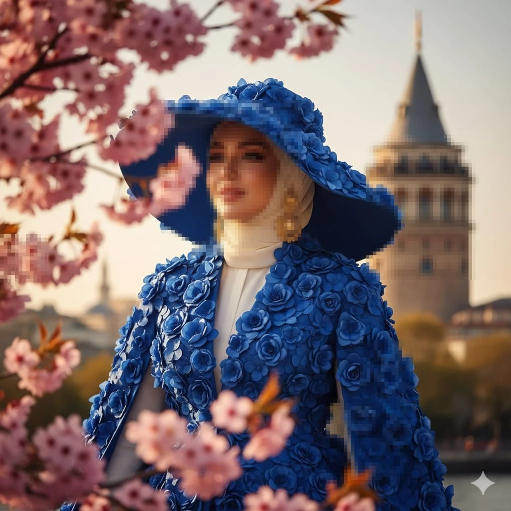 Elegant woman in blue floral outfit and hat among cherry blossoms at sunset