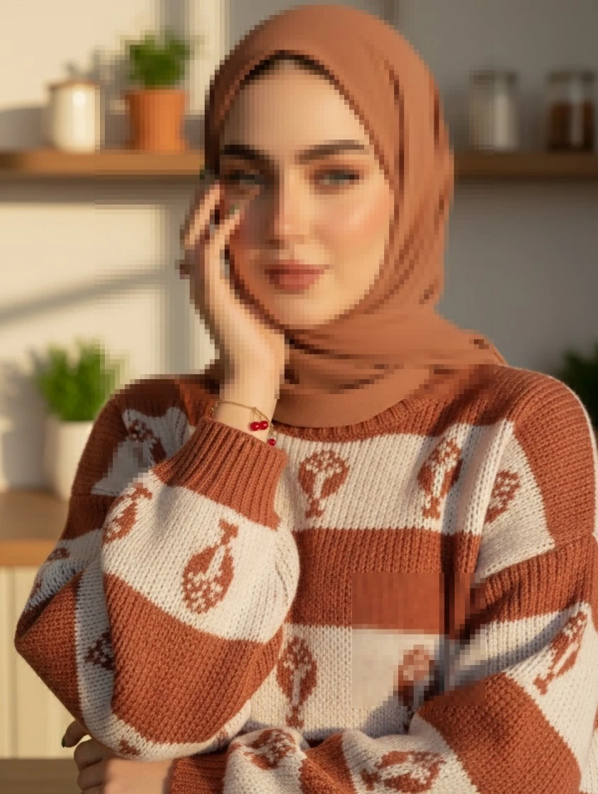 Elegant woman in brown hijab and striped sweater in warm natural light