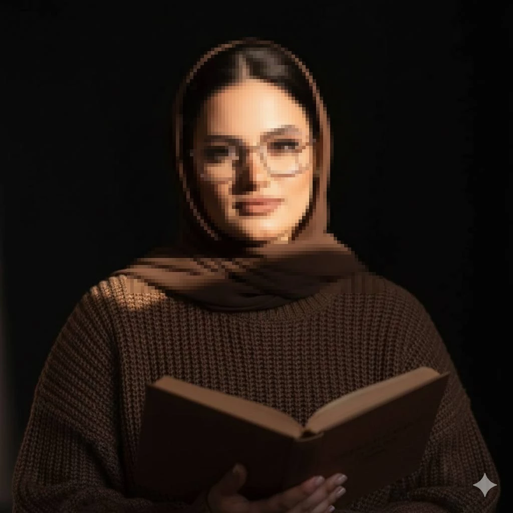 Elegant Woman in Brown Hijab Reading a Book Under Warm Dramatic Light