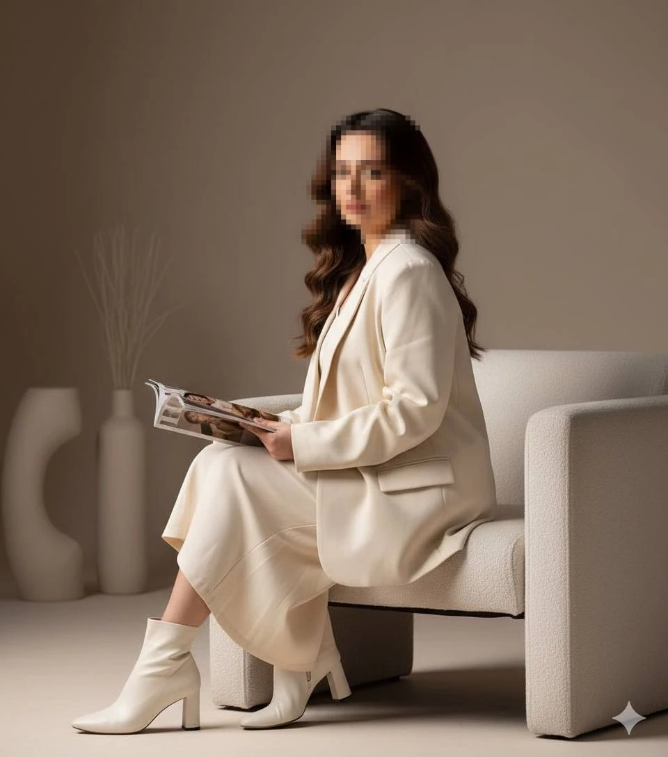 Elegant Woman in Cream Outfit Reading Magazine in Minimalist Room