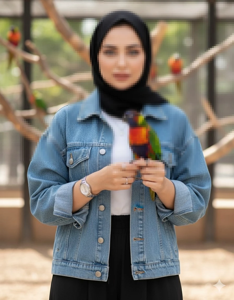 Elegant woman in denim jacket holding colorful parrot in outdoor aviary