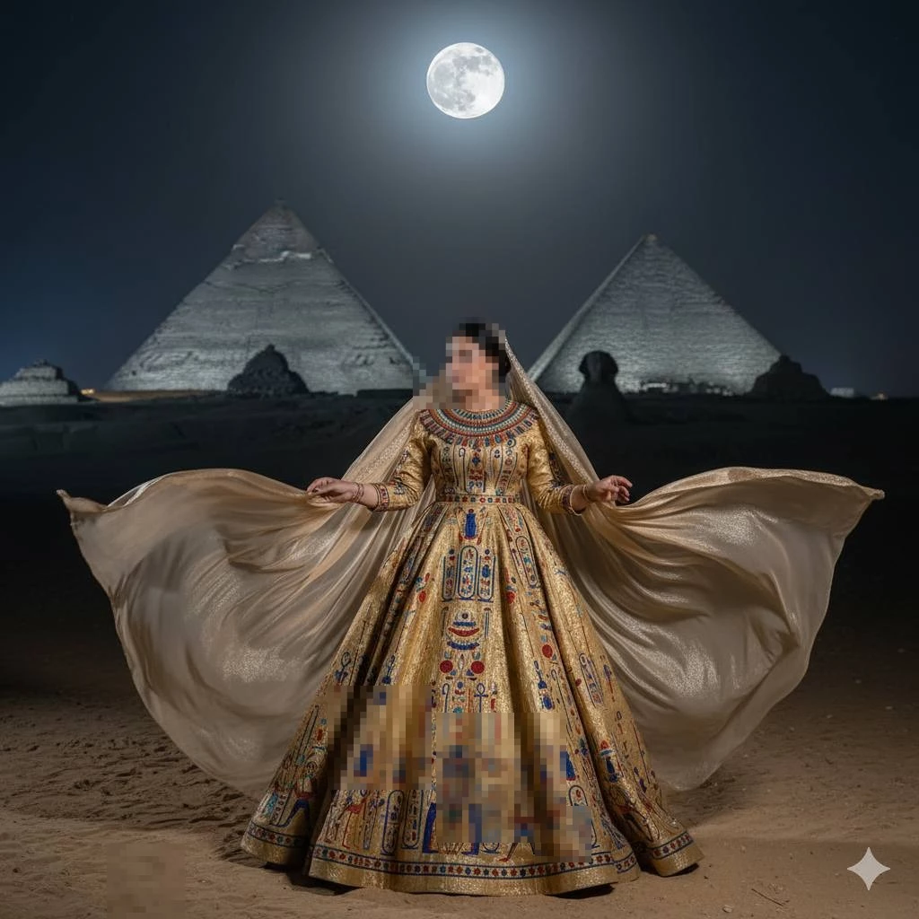 Elegant Woman in Egyptian Golden Dress Posing Under Full Moon by Pyramids