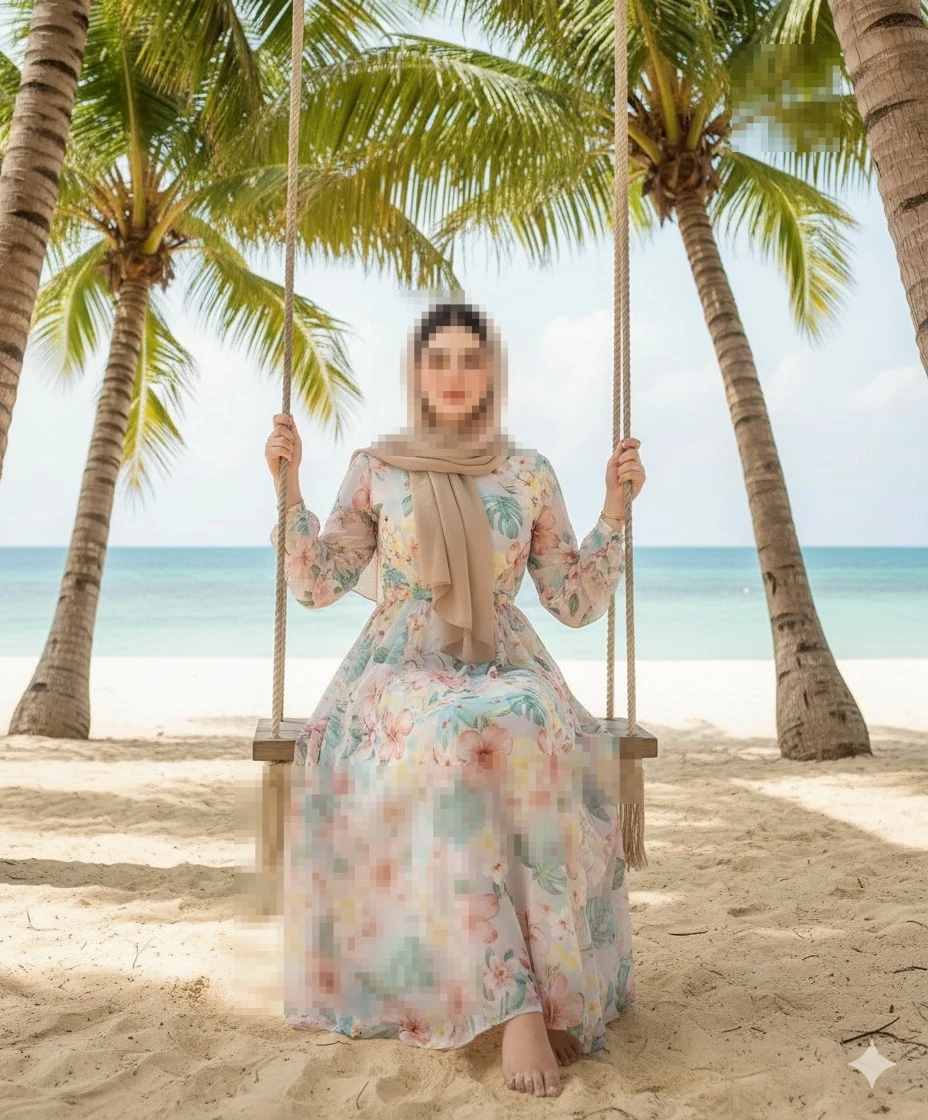 Elegant woman in floral dress sitting on a swing between palm trees by the sea
