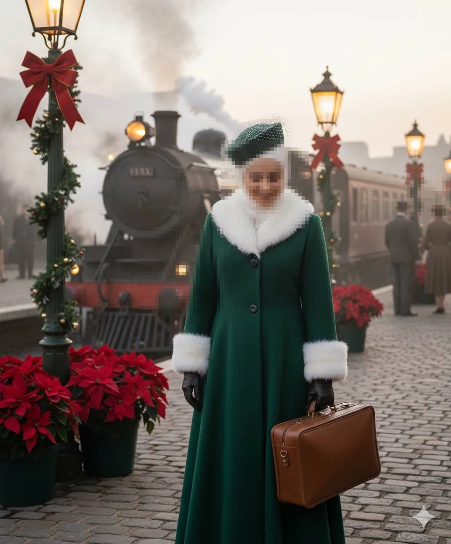 Elegant woman in green winter coat holding suitcase at vintage train station