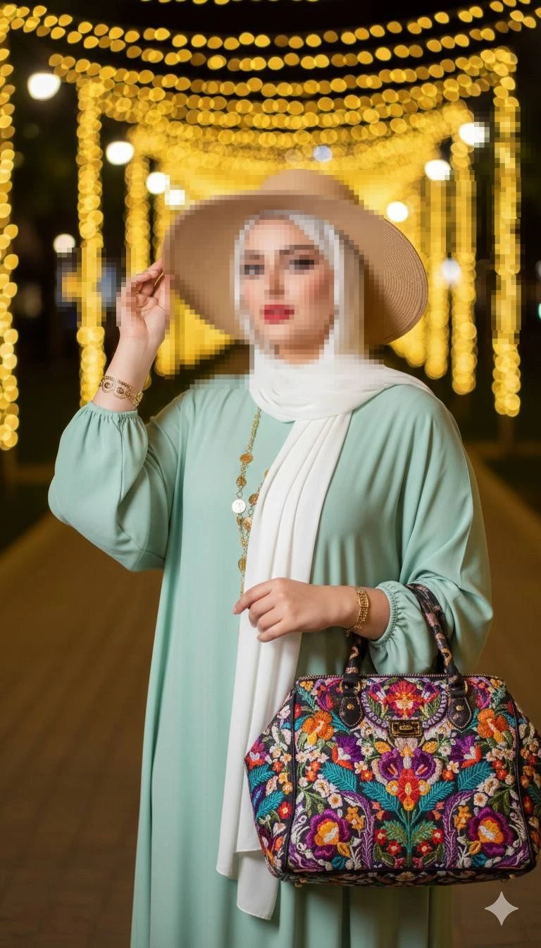 Elegant woman in mint green abaya and white hijab under golden night lights