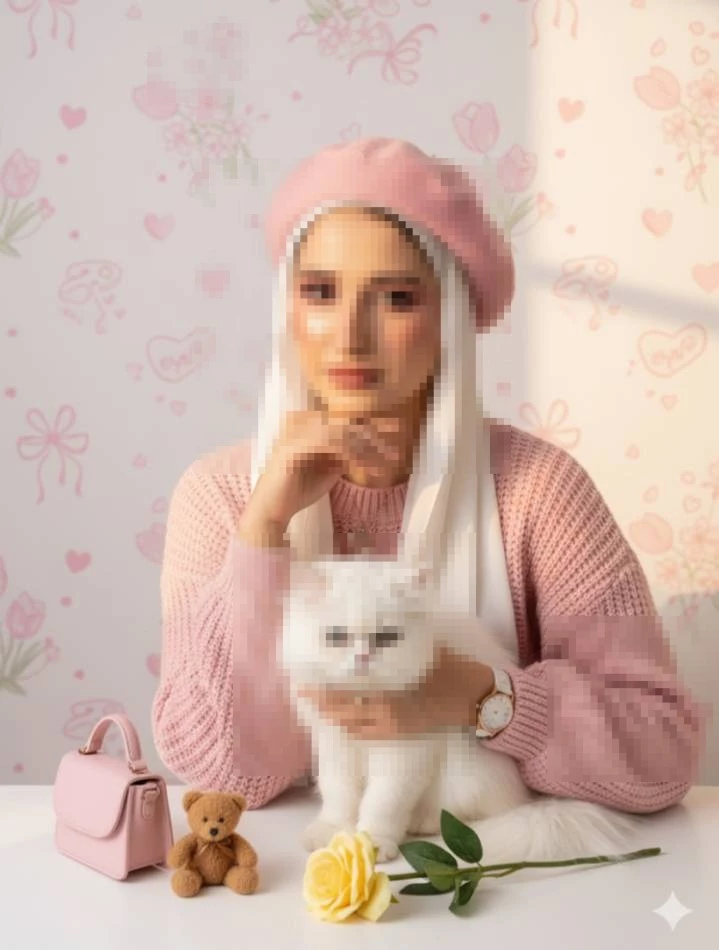 Elegant Woman in Pink Beret and Hijab Holding a White Cat Indoors