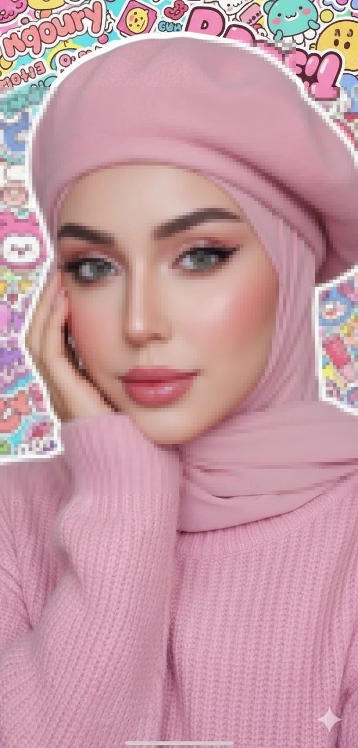 Elegant woman in pink beret and hijab posing against colorful kawaii background