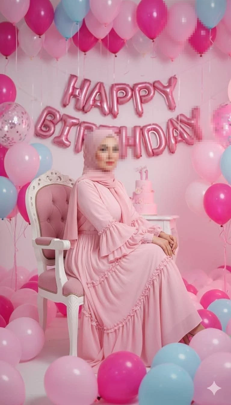 Elegant woman in pink dress celebrating birthday surrounded by balloons and cake