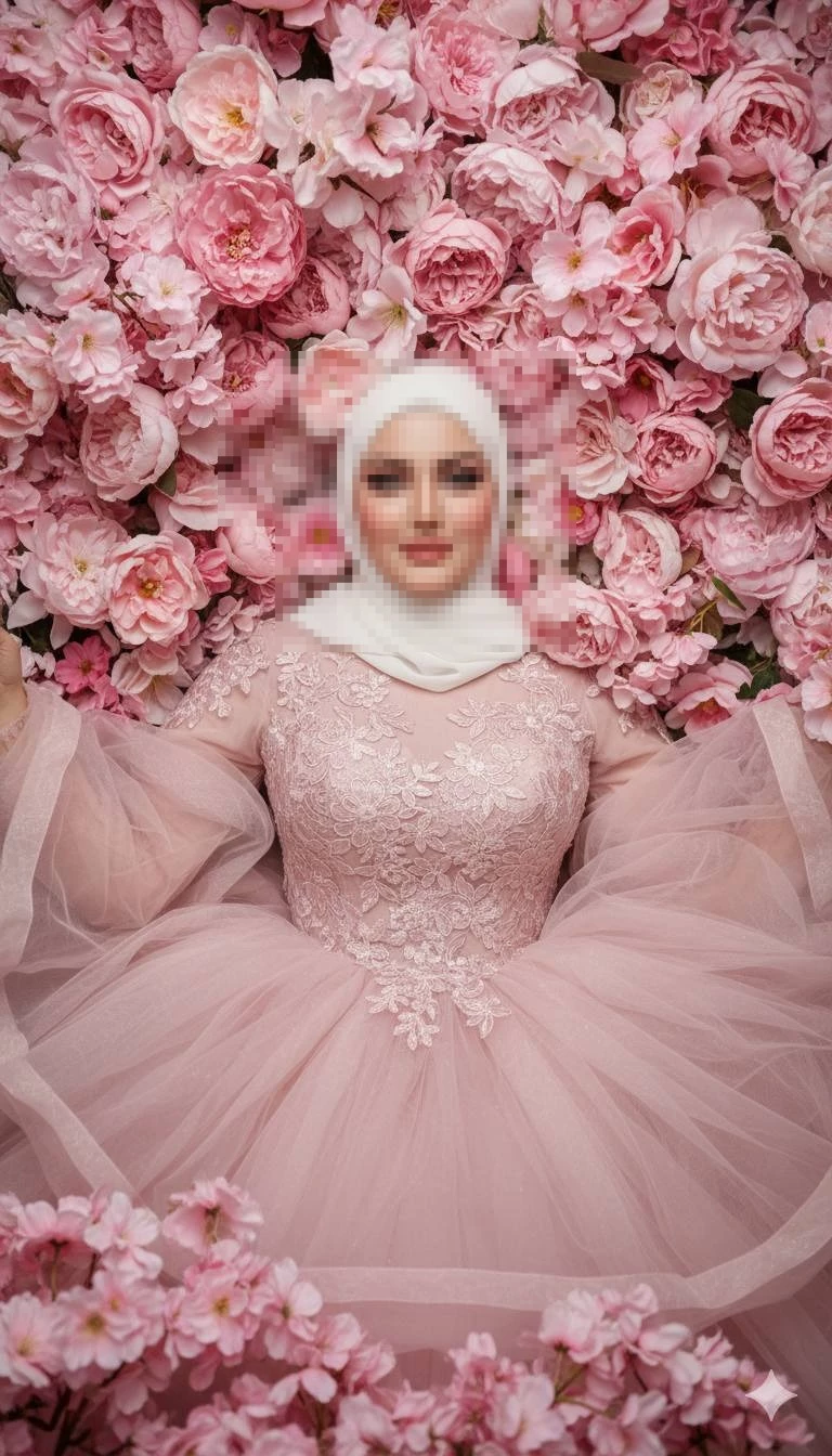Elegant woman in pink floral gown surrounded by blooming roses and peonies