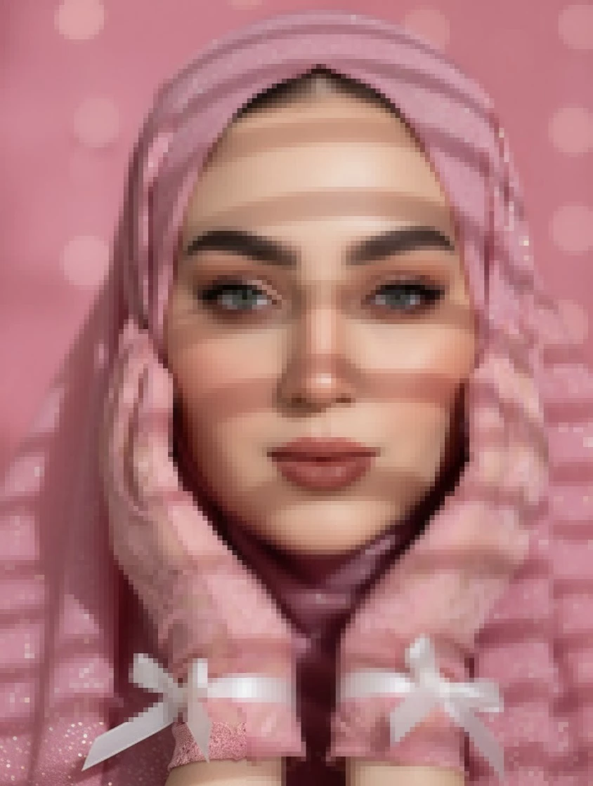 Elegant woman in pink hijab and lace gloves under soft artistic lighting