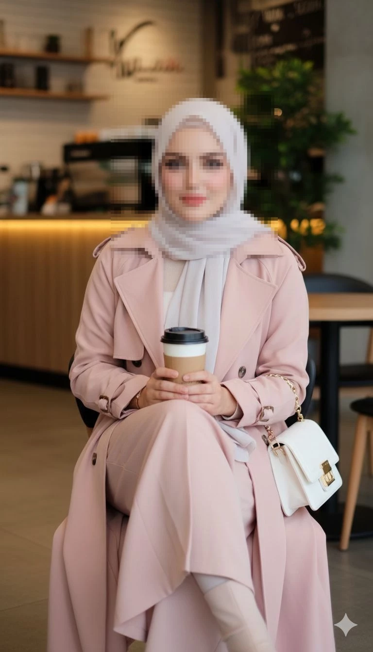 Elegant Woman in Pink Trench Coat and Hijab Sitting in Modern Cafe