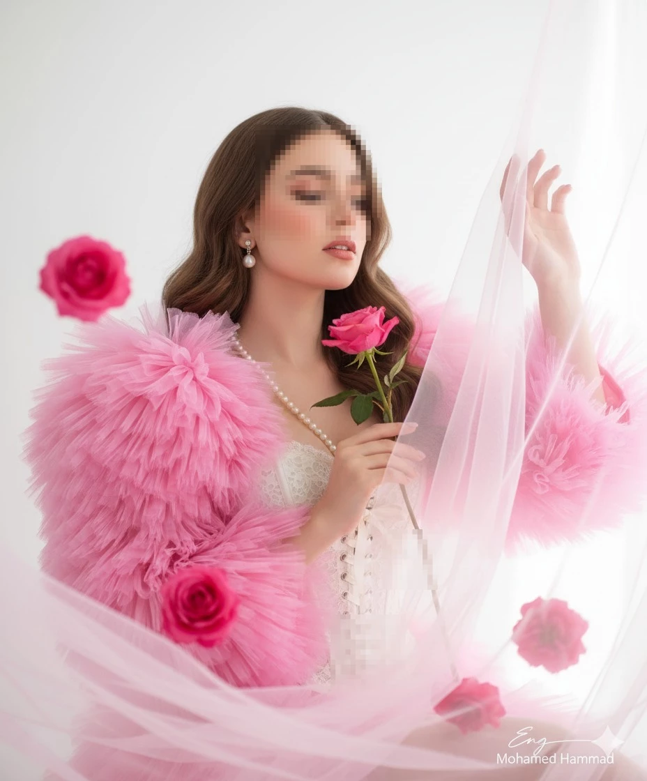 Elegant woman in pink tulle coat holding a rose in a dreamy white studio setting