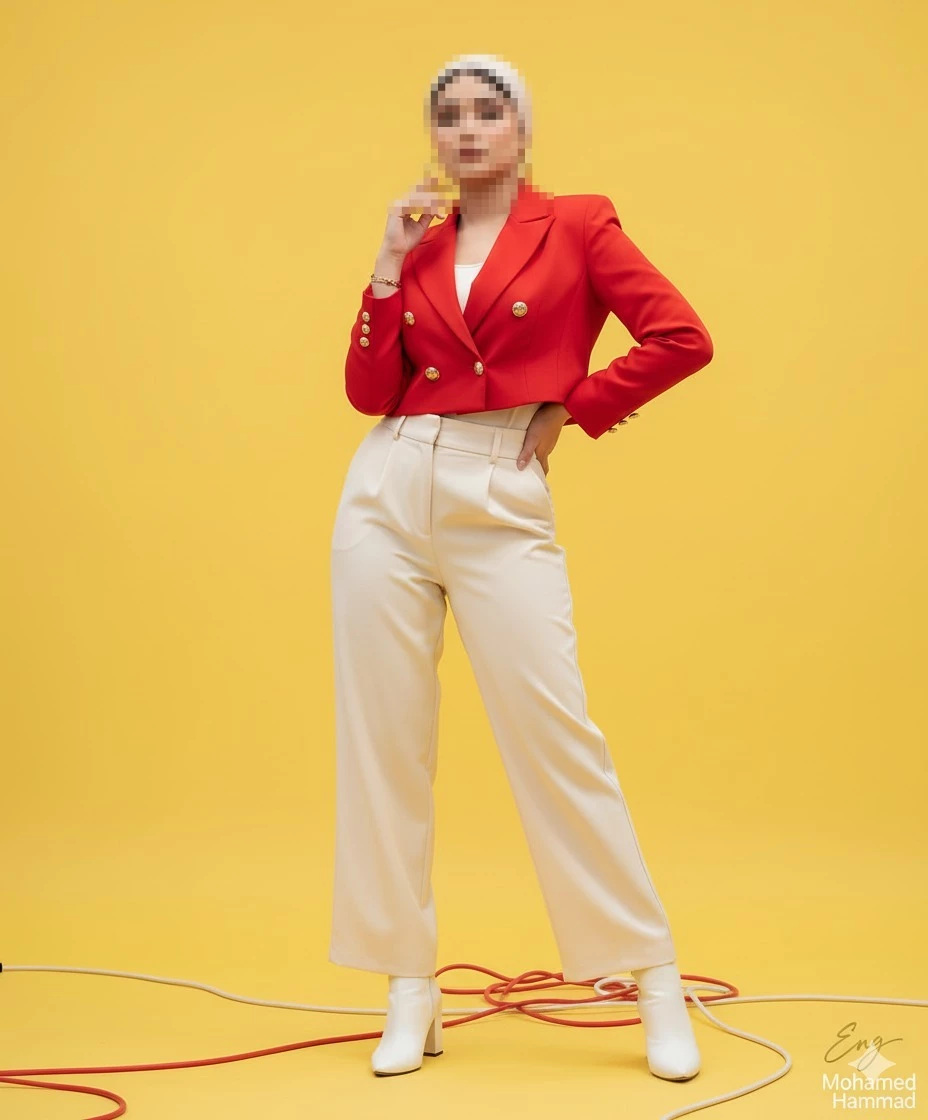 Elegant woman in red blazer and cream pants posing confidently on yellow background