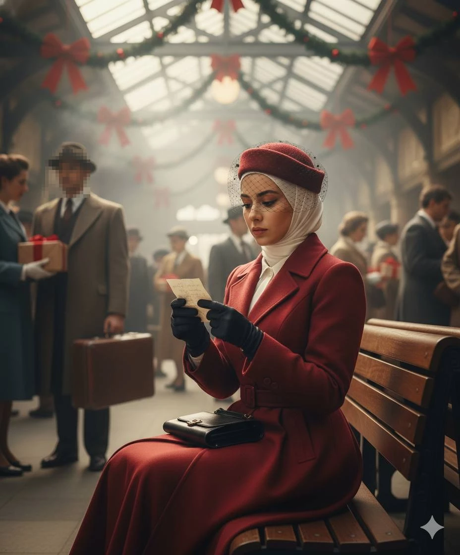 Elegant woman in red coat reading a letter at a vintage holiday train station