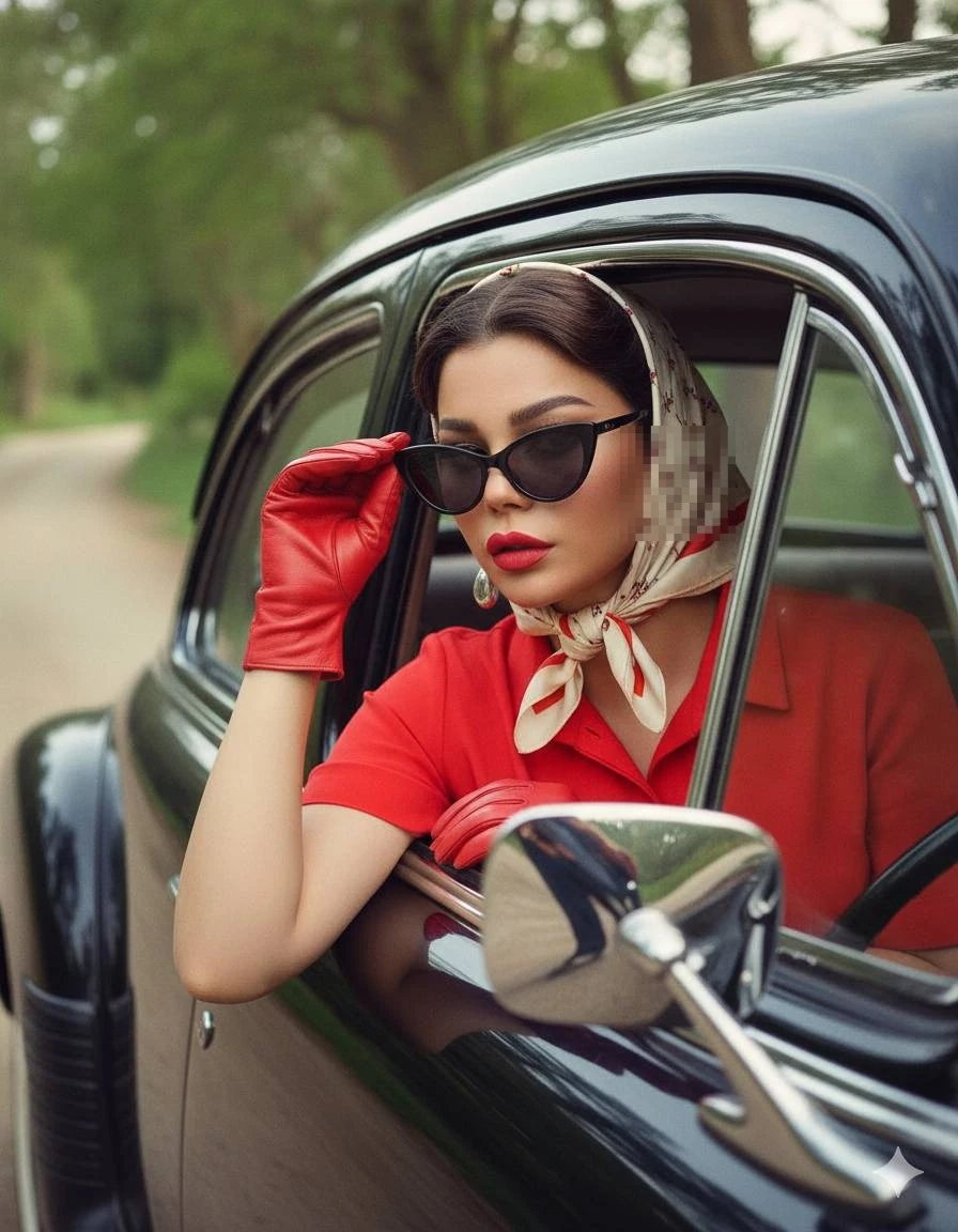 Elegant woman in red outfit driving a vintage car with retro sunglasses