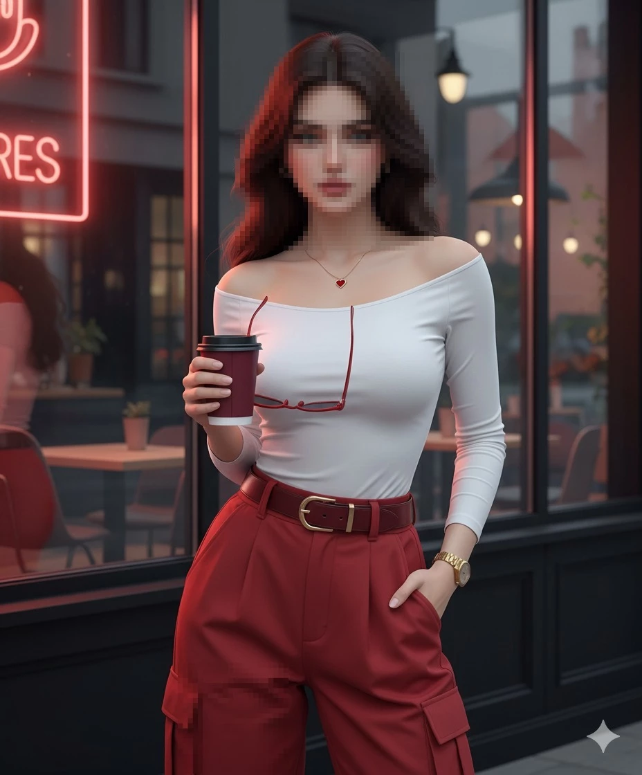Elegant woman in red pants holding coffee outside a modern neon-lit café