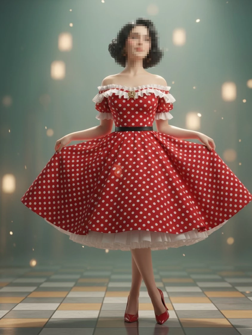 Elegant Woman in Red Polka Dot Dress Posing Indoors with Vintage Style