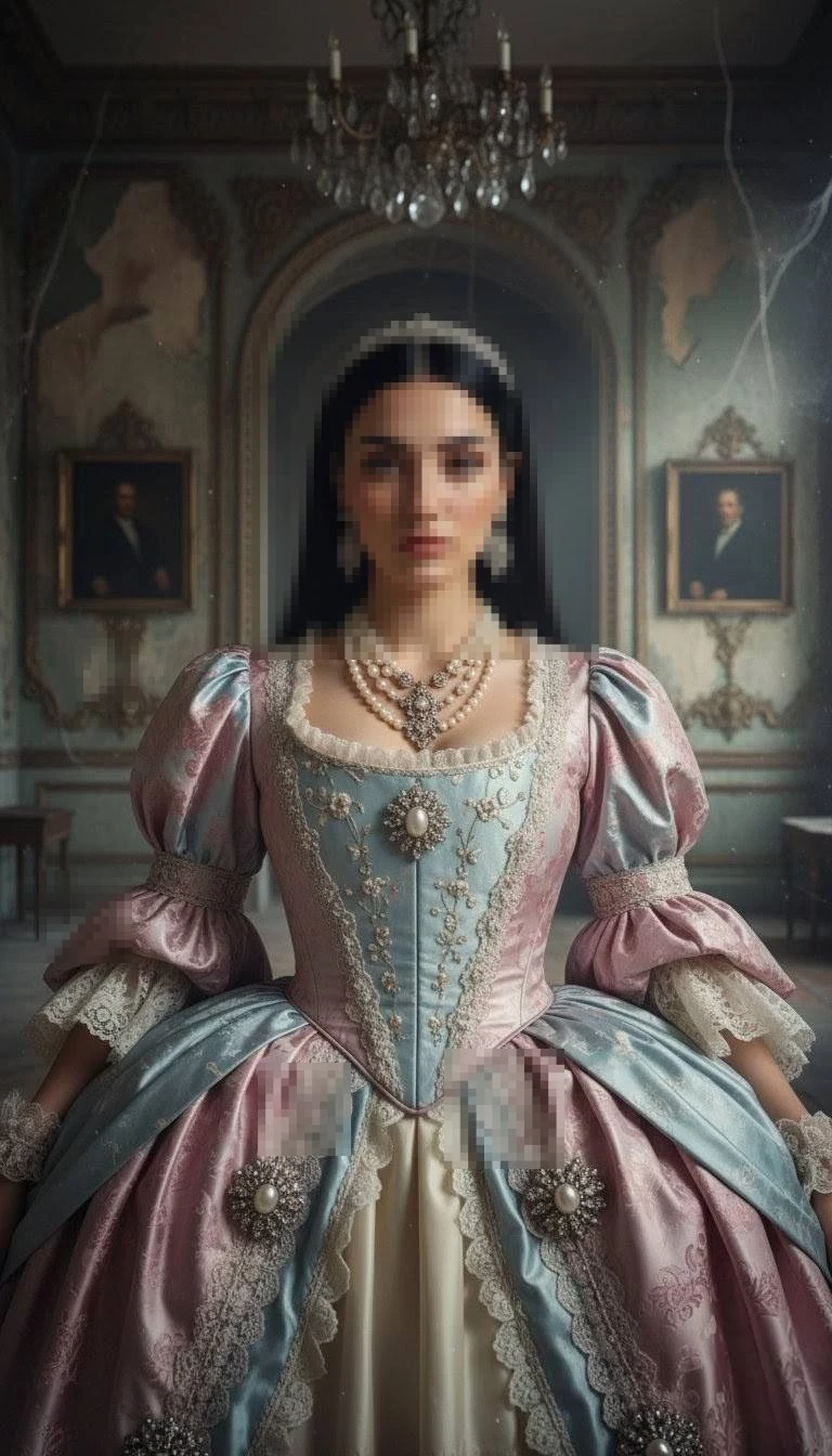 Elegant woman in royal pastel gown with pearls inside a grand vintage palace