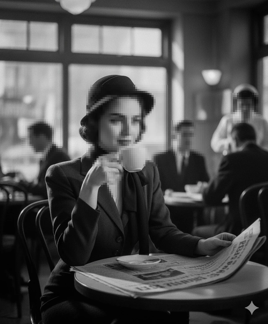 Elegant woman in vintage café drinking coffee and reading newspaper in black and white