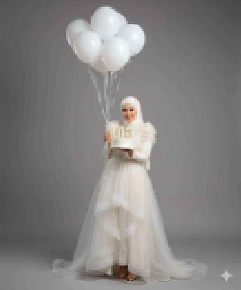 Elegant woman in white dress holding balloons and birthday cake in studio