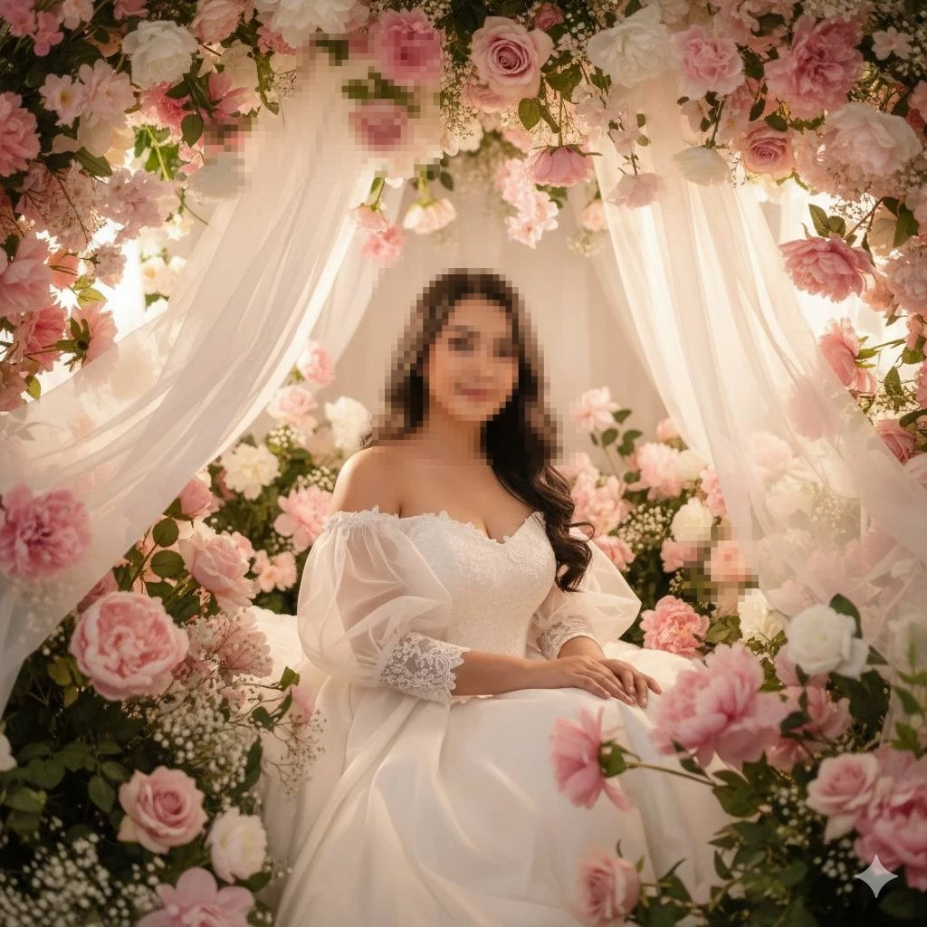 Elegant woman in white gown surrounded by pink and white roses in floral setting