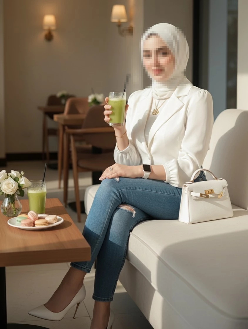 Elegant Woman in White Hijab Enjoying Green Juice at a Modern Café