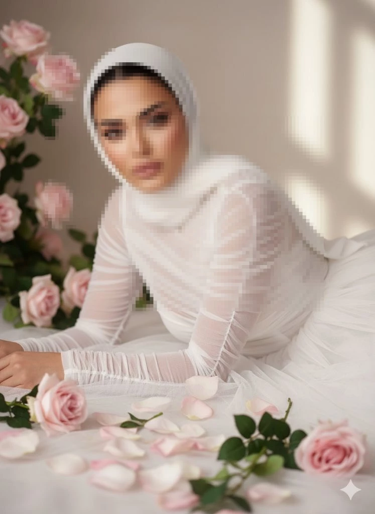 Elegant Woman in White Hijab Posing Among Pink Roses and Soft Natural Light