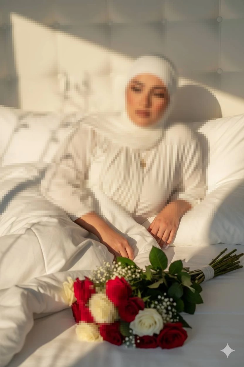 Elegant woman in white hijab resting on bed with red and white roses