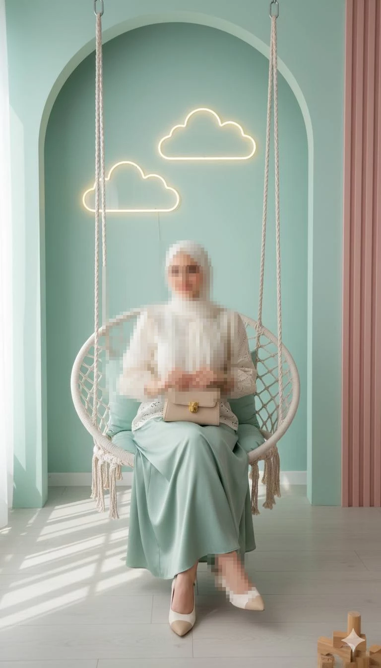 Elegant Woman in White Hijab Sitting on Swing in Pastel Mint Interior